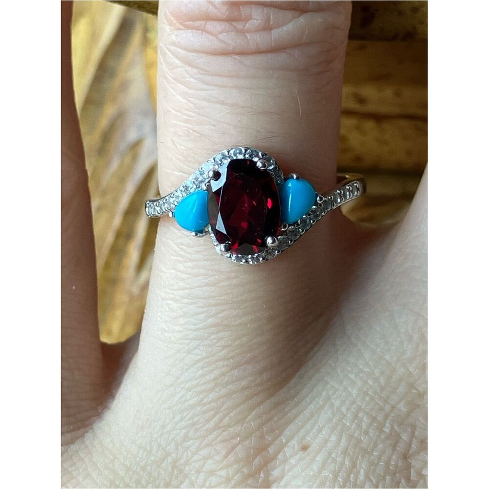 Rhodolite Garnet Sleeping Beauty Turquoise Sterling Silver Ring Size 7